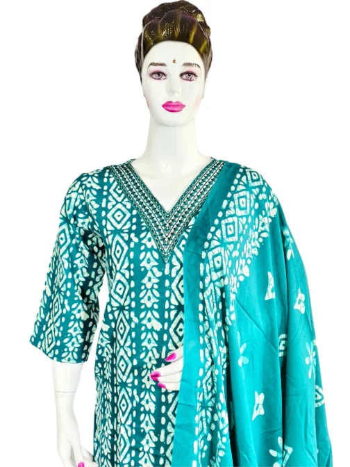 Rama green and white v neck with work batik print 3 pcs kurti set - Image 3