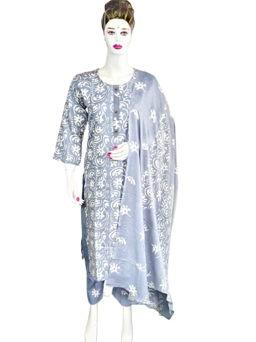 Cotton blue color and white batik print 3 pcs kurti set