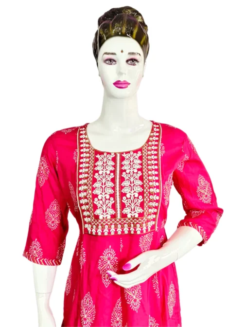 Rani pink and embroidery work long umbrella kurti - Image 3