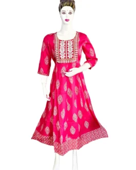 Rani pink and embroidery work long umbrella kurti