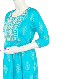 Sky blue and embroidery work long umbrella kurti