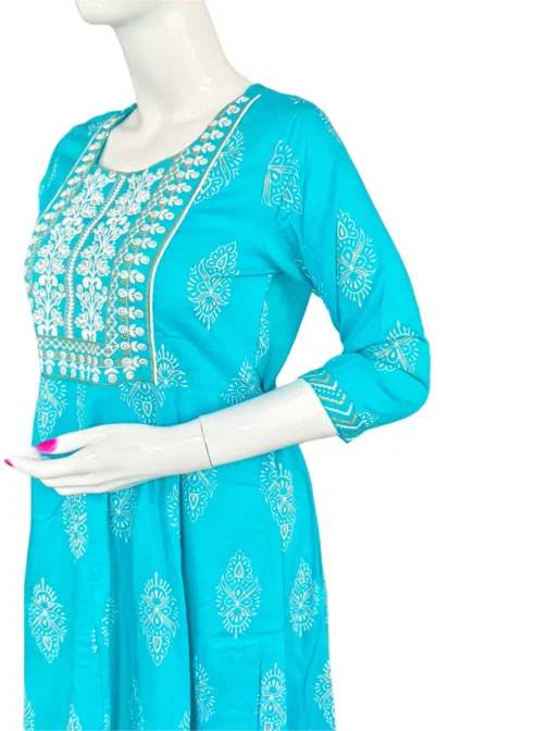 Sky blue and embroidery work long umbrella kurti - Image 2