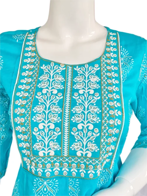 Sky blue and embroidery work long umbrella kurti - Image 3