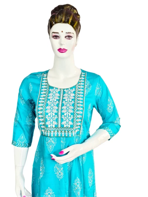 Sky blue and embroidery work long umbrella kurti - Image 4
