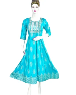 Sky blue and embroidery work long umbrella kurti