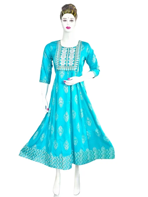 Sky blue and embroidery work long umbrella kurti
