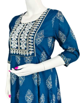 Dark blue and embroidery work long umbrella kurti