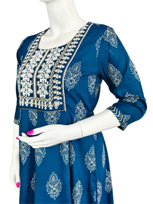 Dark blue and embroidery work long umbrella kurti - Image 2