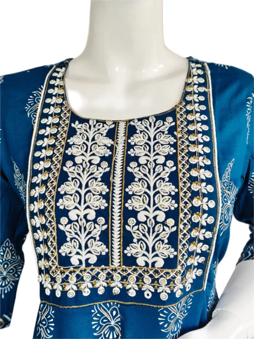 Dark blue and embroidery work long umbrella kurti - Image 4