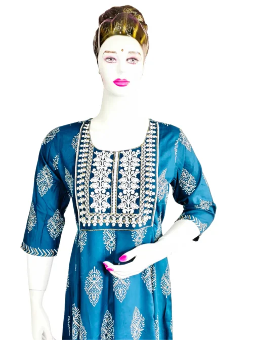 Dark blue and embroidery work long umbrella kurti - Image 3