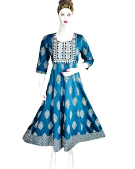 Dark blue and embroidery work long umbrella kurti
