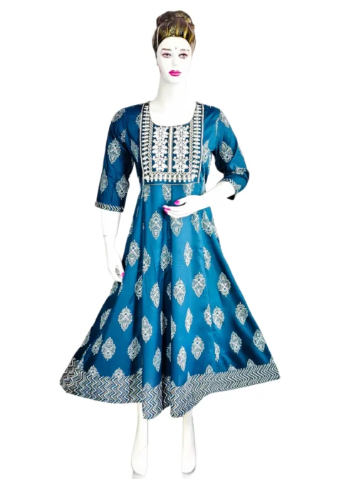 Dark blue and embroidery work long umbrella kurti