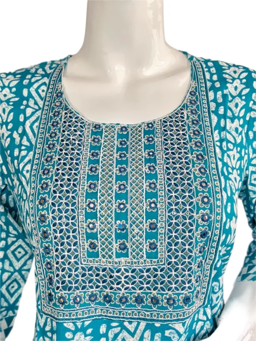 Blue and white batik print with sequence work long umbrella kurti - Image 4