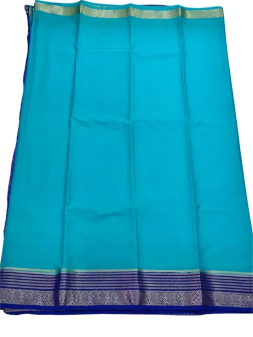 Semi mysore silk saree sky blue color with royal blue border - Image 2