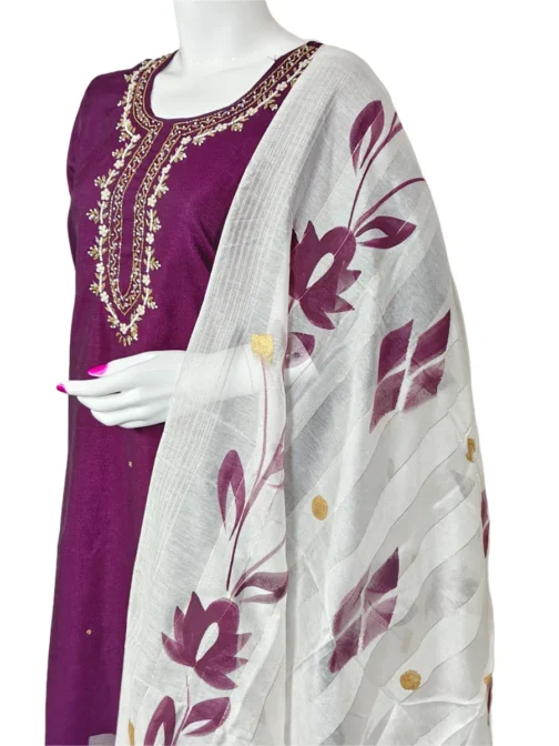 Dark wine color and white pinted  3 pcs kurti set with hand work - Image 3