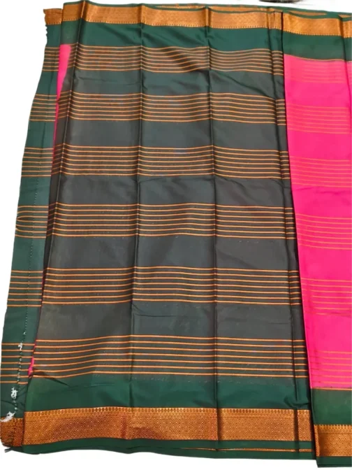 Semi mysore silk saree pink color with bottle green border - Image 3