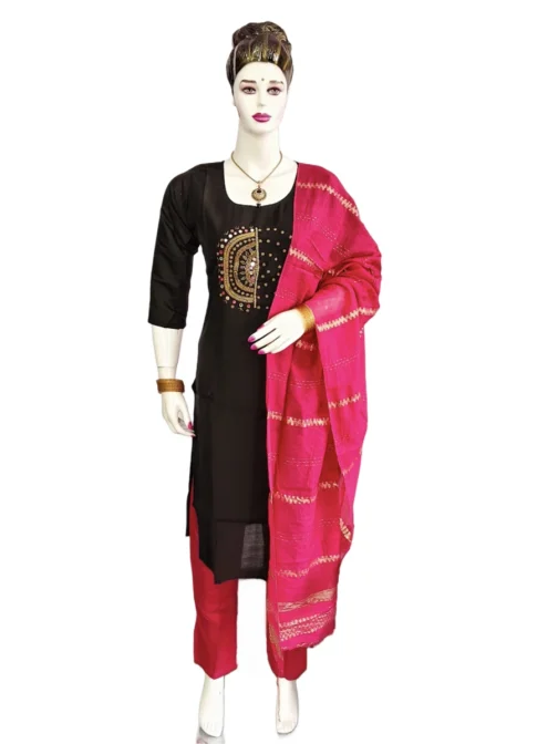 Black handwork with pink color duppatta 3 pcs kutri set