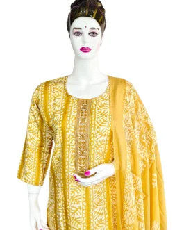 Cotton yellow and white batik print 3 pcs kurti set