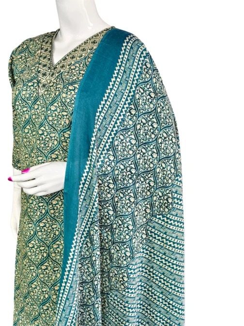 Cotton green color and v neck embroidery work flower design 3 pcs kurti set - Image 3