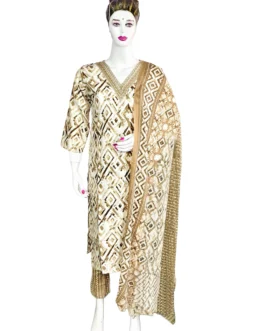 Cotton sand and white with v neck embroidery work batik 3 pcs kurti set