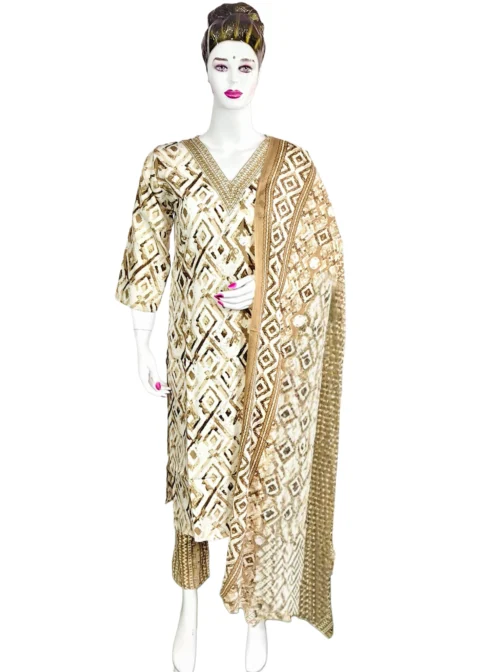 Cotton sand and white with v neck embroidery work batik 3 pcs kurti set