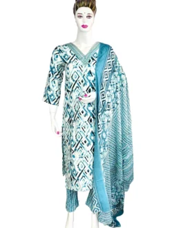 Cotton sky blue and white with v neck embroidery work flower design 3 pcs kurti set