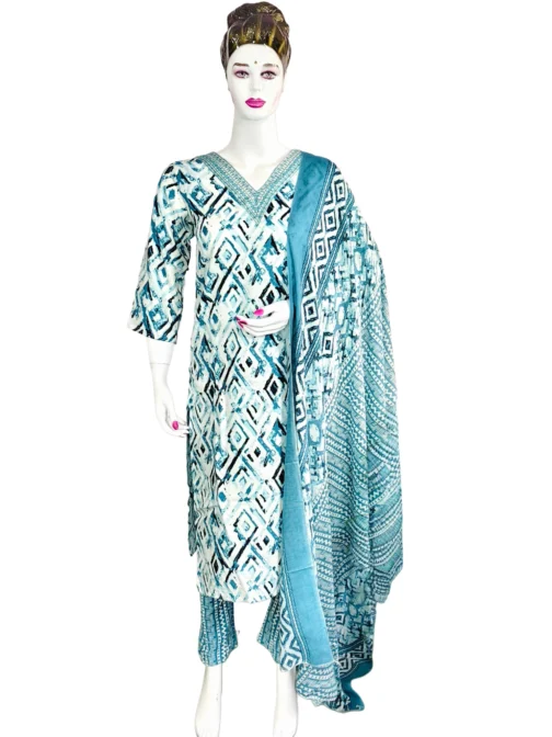 Cotton sky blue and white with v neck embroidery work flower design 3 pcs kurti set