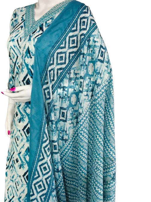 Cotton sky blue and white with v neck embroidery work flower design 3 pcs kurti set - Image 3