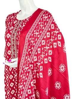 Cotton maroon and white batik print 3 pcs kurti set
