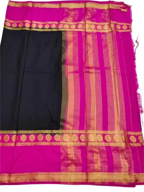 Semi mysore silk saree black color with pink color big border - Image 4