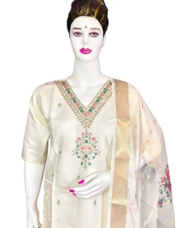 Cream color v necck sequence work and organza duppatta 3 pcs  kurti set