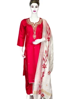Light red handwork and white printed dupatta 3 pcs kurti set