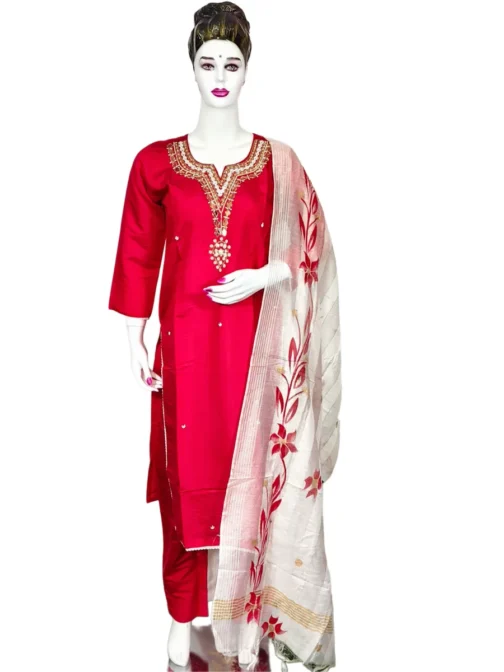 Light red handwork and white printed dupatta 3 pcs kurti set