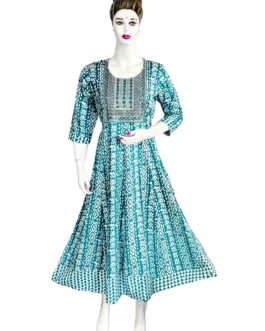 Blue and white batik print with sequence work long umbrella kurti
