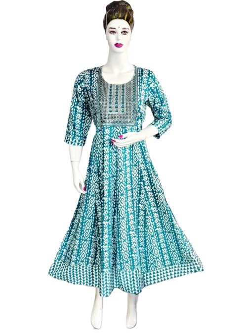 Blue and white batik print with sequence work long umbrella kurti