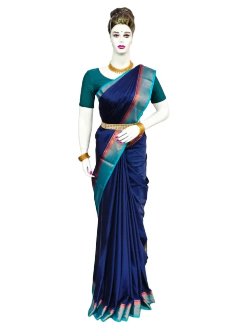Semi mysore silk saree nevy blue with sky blue border premium - Image 2