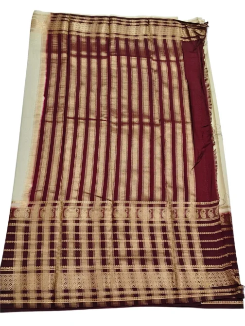 Semi mysore silk saree cream color with maroon color big border - Image 4