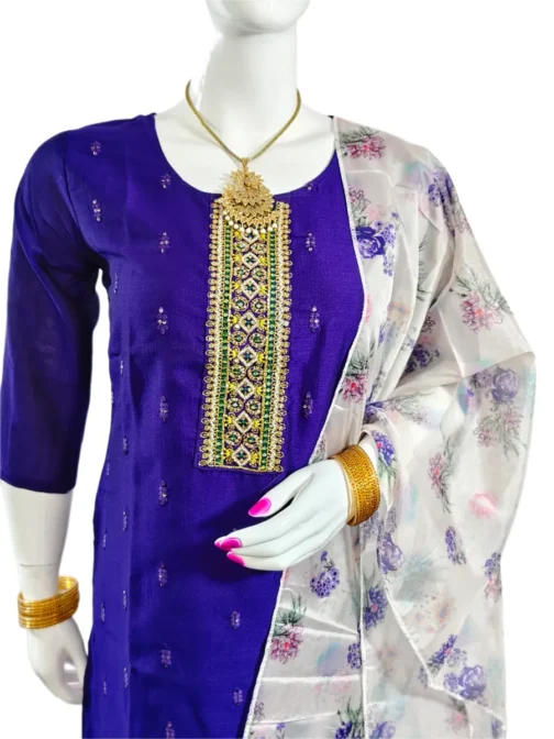 Dark purple and embroidery work with organza duppatta 3 pcs kurti set - Image 3