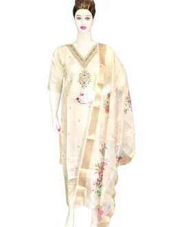Cream color v necck sequence work and organza duppatta 3 pcs  kurti set