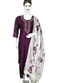 Dark wine color and white pinted  3 pcs kurti set with hand work