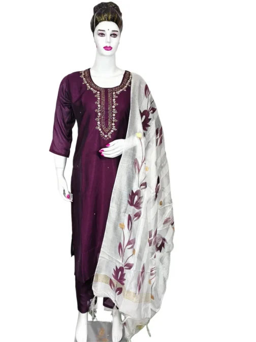 Dark wine color and white pinted  3 pcs kurti set with hand work