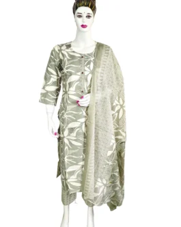 Cotton grey and white batik print 3 pcs kurti set