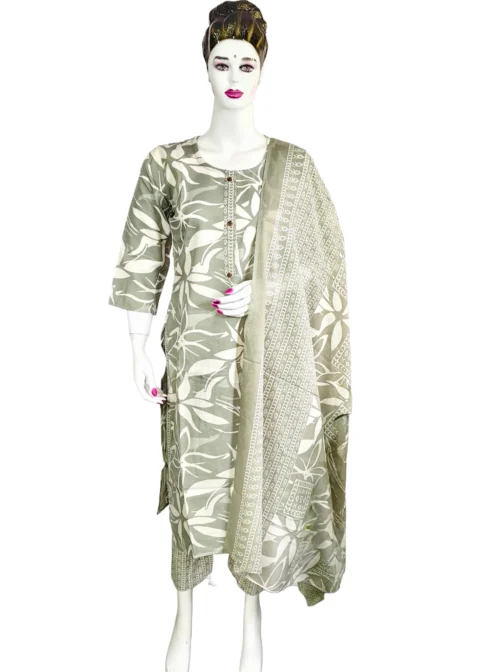 Cotton grey and white batik print 3 pcs kurti set