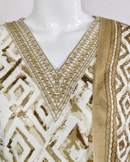 Cotton sand and white with v neck embroidery work batik 3 pcs kurti set