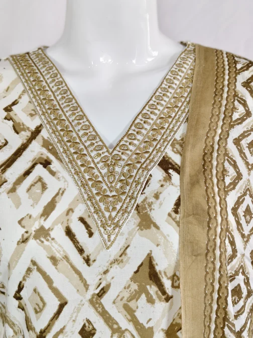 Cotton sand and white with v neck embroidery work batik 3 pcs kurti set - Image 2