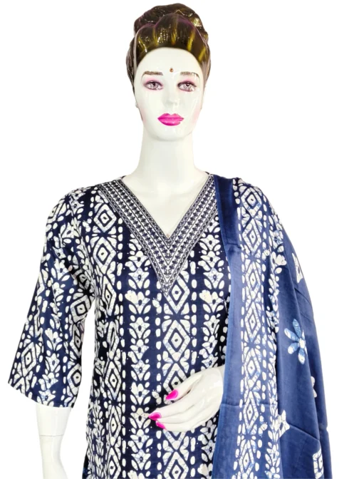 Navy blue and white v neck with work batik print 3 pcs kurti set - Image 4