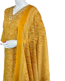 Cotton yellow and v neck embroidery work flower design 3 pcs kurti set