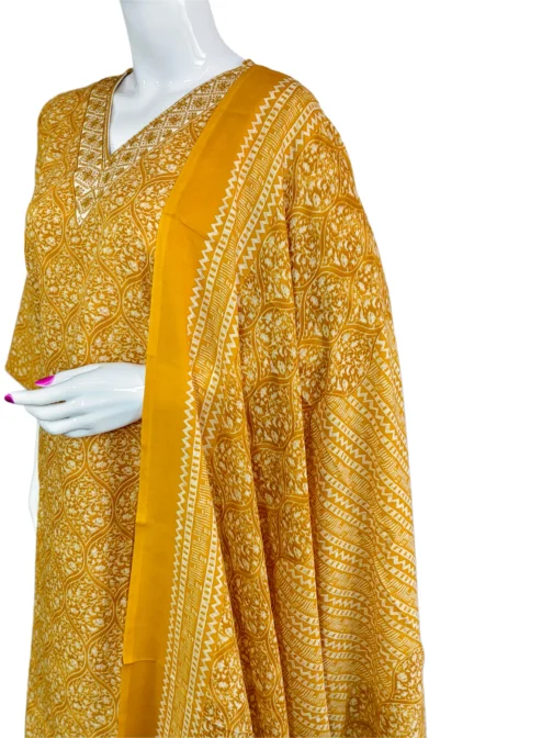 Cotton yellow and v neck embroidery work flower design 3 pcs kurti set - Image 2