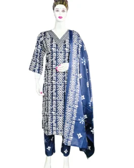 Navy blue and white v neck with work batik print 3 pcs kurti set
