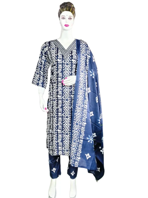 Navy blue and white v neck with work batik print 3 pcs kurti set
